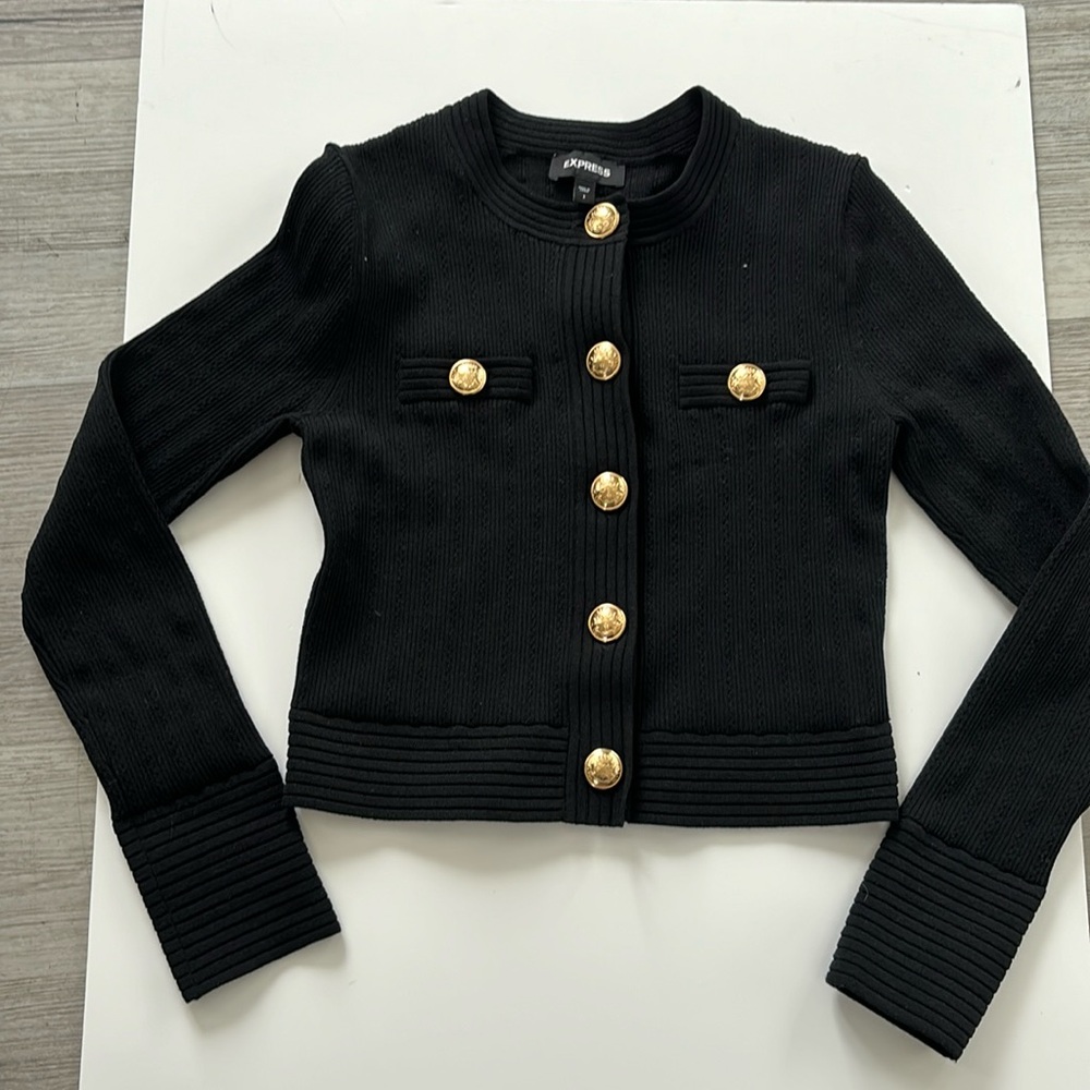 Short black  cardigan with golden buttons 
Size S
NEW condition